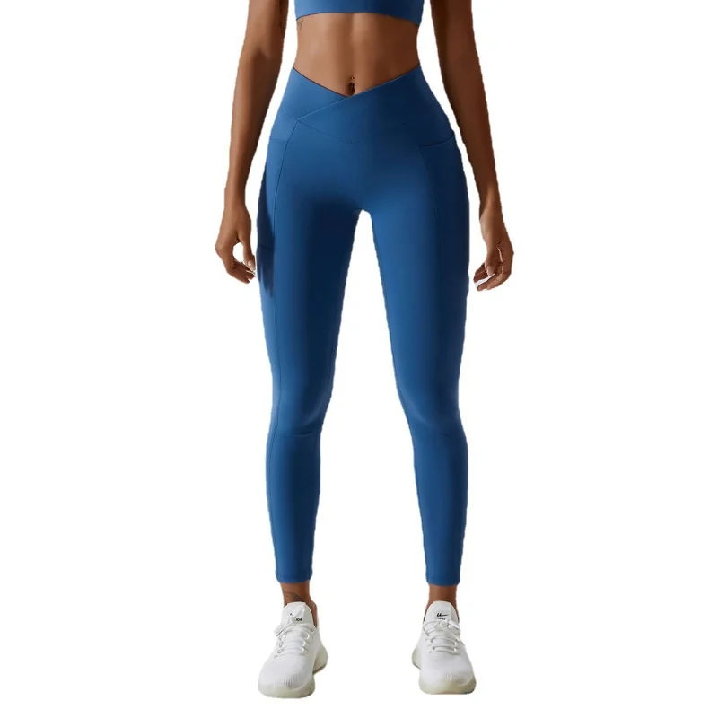 

Nude Yoga Pants Hip-Lifting Pocket Quick-Drying Fitness Pants Cross Waist Tight Running Sports Pants for Women8001