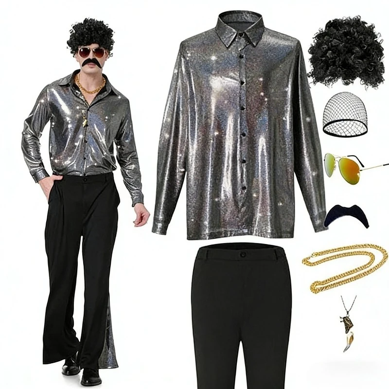 

Мужской комплект в стиле ретро 70-х: рубашка с принтом и расклешенные брюки, костюм для дискотеки, классический повседневный наряд