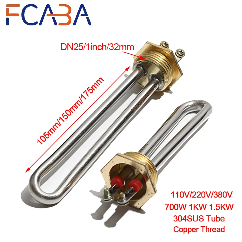 FCABA DN25 Copper Thread Immersion Heater 304SS Heating Element 1 Inch/32mm 110V/220V/380V Solar Water Heater 700W 1KW 1.5KW