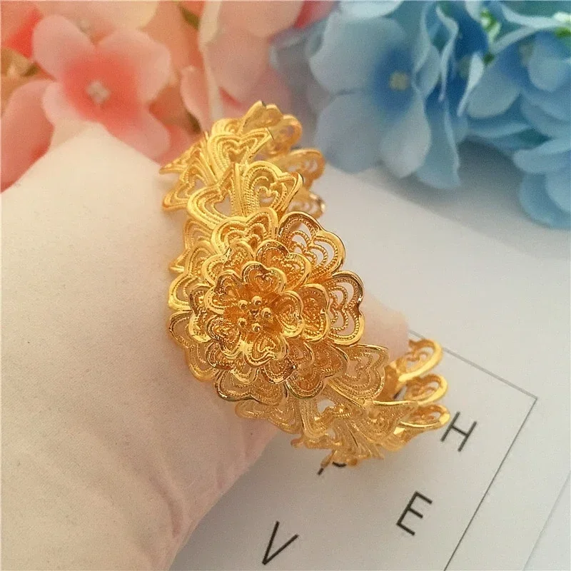 Big Flower Hollow Bracelet Female European Pure Gold Plated Plated 100% 24K Real Gold 18K Bracelet Imitation Gold Bracelet Gifts