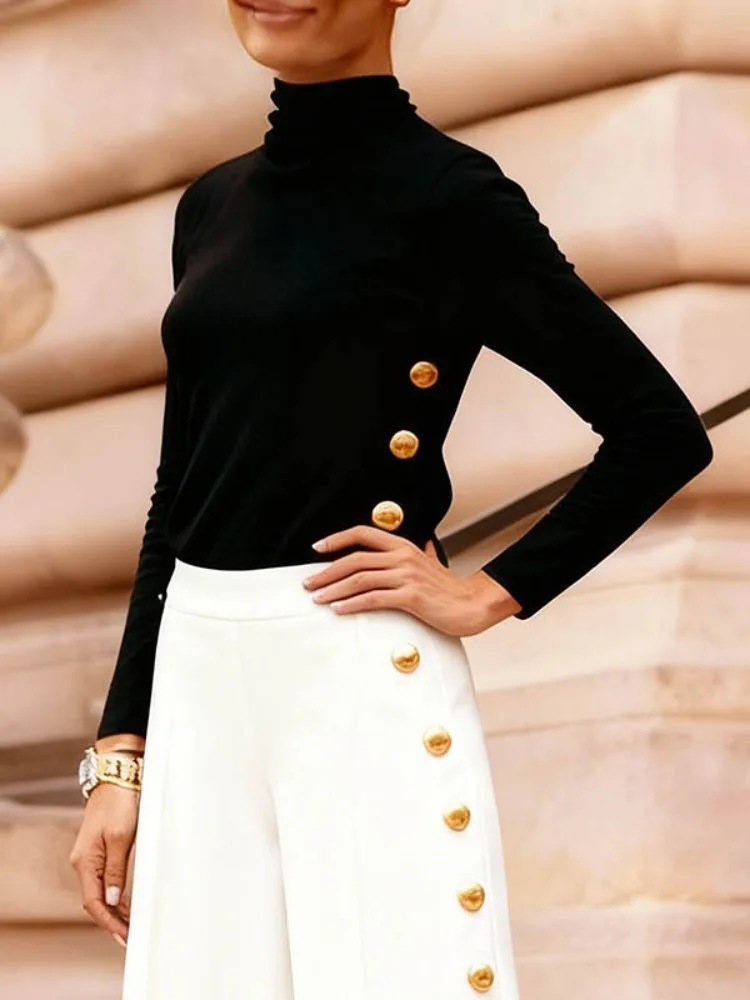 

UOOZEE женские черные топы с золотыми пуговицами и высоким воротом, новинка 2026, весенние облегающие модные элегантные повседневные офисные футболки с длинными рукавами