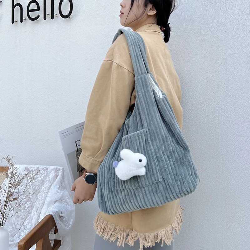 Youda Korean Version Fashion sztruksowa torba na ramię Cute Bunny Pattern pluszowa torba na co dzień o dużej pojemności torby z bawełny dla kobiet