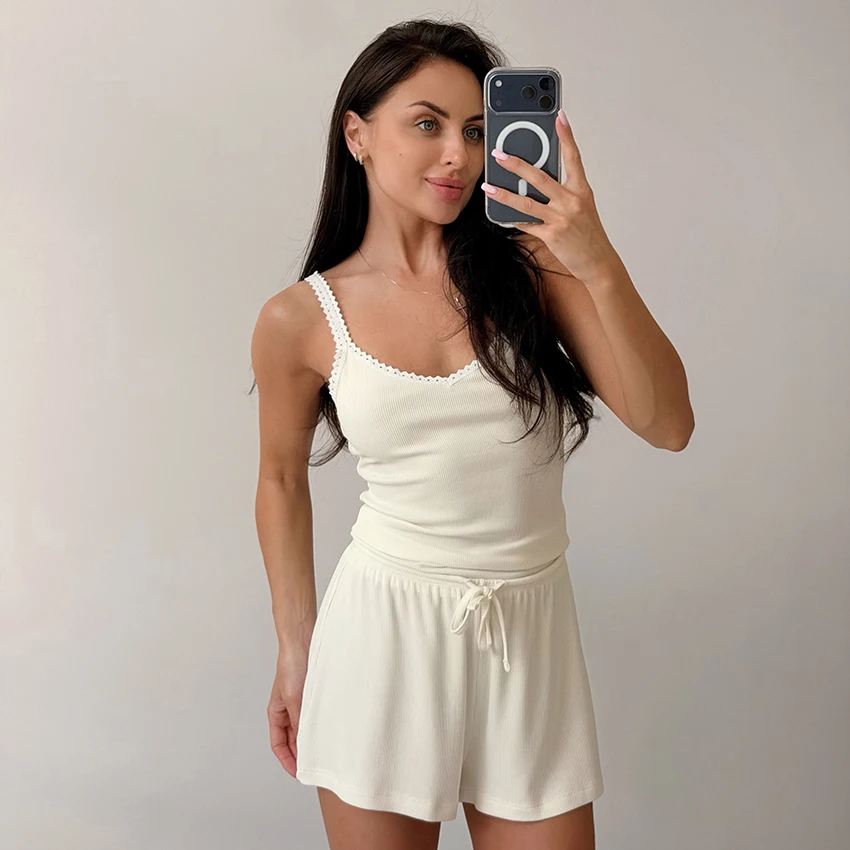 HiLoc Apricot Casual Home Knitted Elastic Ladies' Pajamas Two-Piece Lace Camisole Top Drawstring Shorts 2026 Autumn Shorts Suit