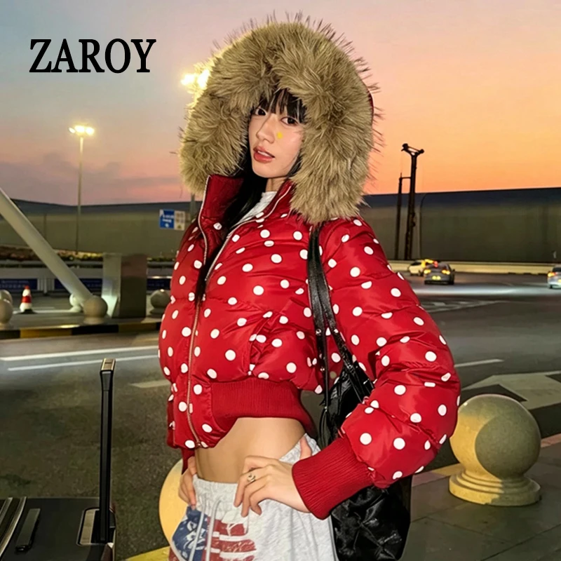 ZAROY Gothic Women Coat Y2K Polka Dot Hooded Zip Cropped Puffer Jacket American Retro Padded Warm Winter Parkas куртка женская