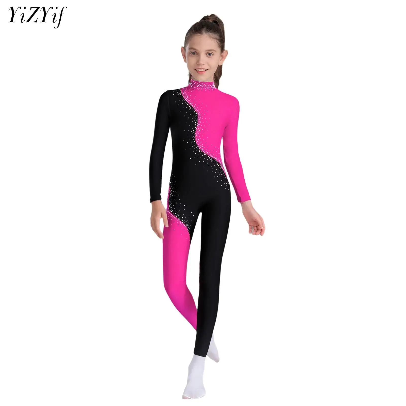 

Girls Gymnastic Leotard Shiny Rhinestones Long Sleeve Zipper Ballet Dance Unitards Figure Skating Workout Yoga Training Jumpsuit