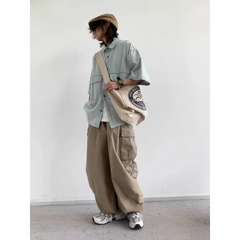 Japanese Trendy Set Mens Retro Simplicity Light Blue Denim Shirt+Multi Pocket Wide Leg Cargo Pants 2-pcs Street Harajuku Suit