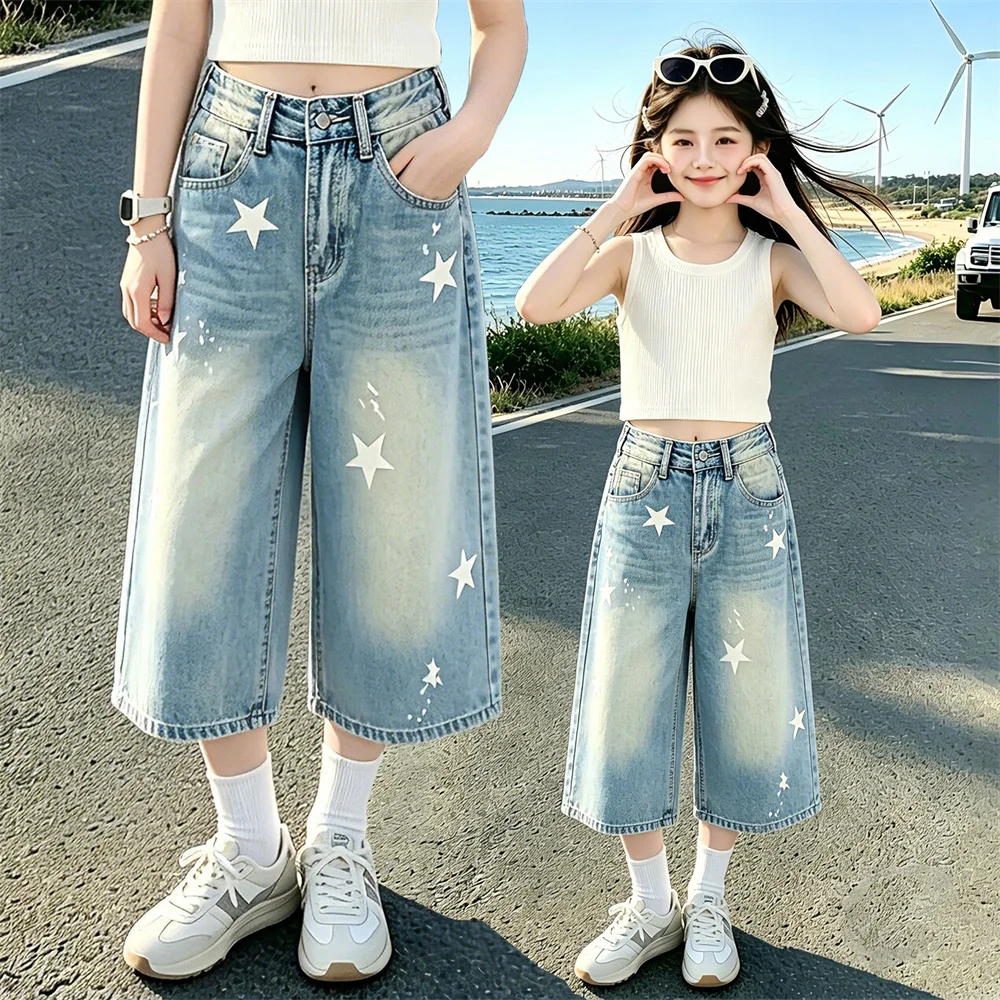 Hiphop Design Fashion Kids Children Summer Cropped Jeans with Stars For Tween Girl Trend Denim Capri Pants Casual Mid Calf Jeans