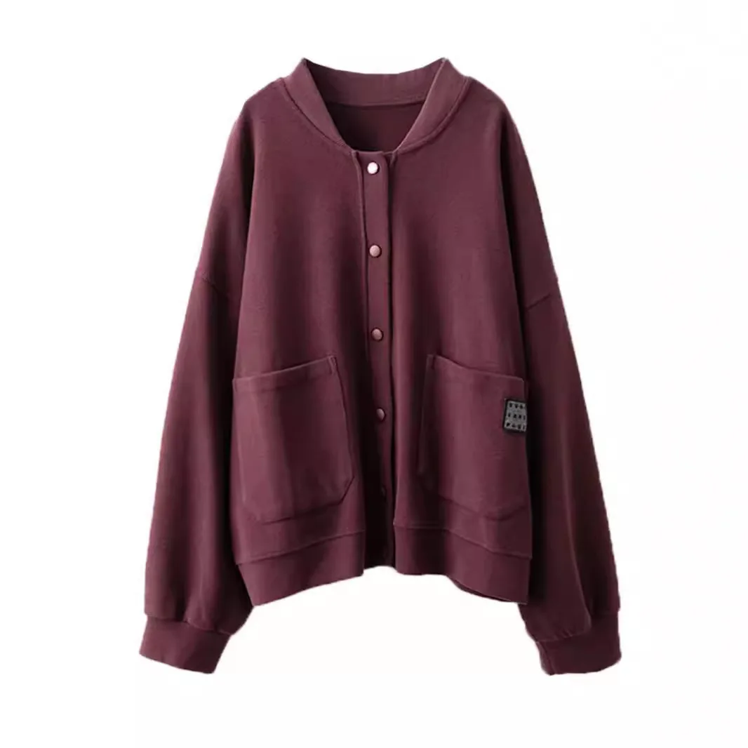 Women Autumn And Winter High Quality Knitted Cotton Jacket Patch Pocket Stand Collar Korean Version Solid Color Baseball Jacket