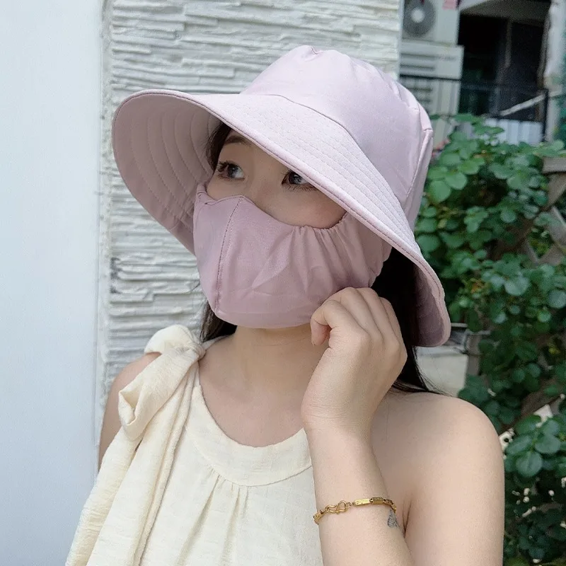 Women's Sunscreen Mask Hat Summer Outdoor Integrated Cotton Breathable Pure Colour  Anti-UV Holiday Face Cover Sunshade Hat