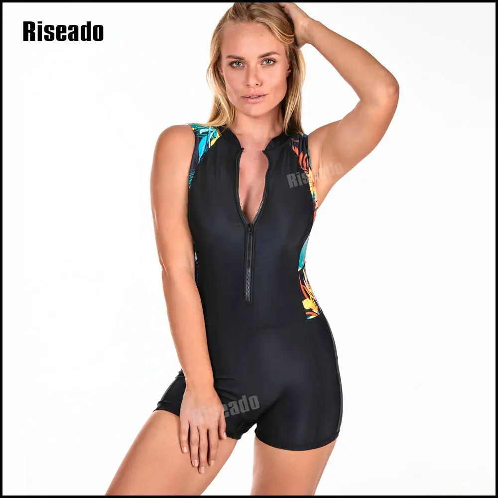 

Riseado Women's One Piece Sleeveless Swimsuit Athletic Printed Zipper Surfing Monokini Swimwear Bathing Suit