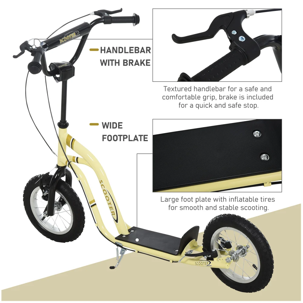 Aosom Youth Scooter Pinza anteriore e posteriore Doppi freni Ruota anteriore gonfiabile da 12 pollici Giocattolo per età 5+, Beige