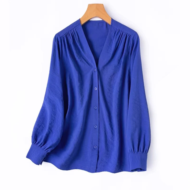2026 Women's Fashion Spring Clothing Royal Blue 76% Natural Mulberry Silk Dry Silk V-neck Long Sleeve Single-breasted Shirt