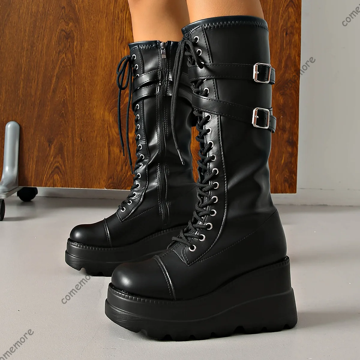 Comemore Black Platform Boots for Women Wedges High Heel Knee High Lace Up Fashion Gothic Style Leather Fashion Motorcycle Botas