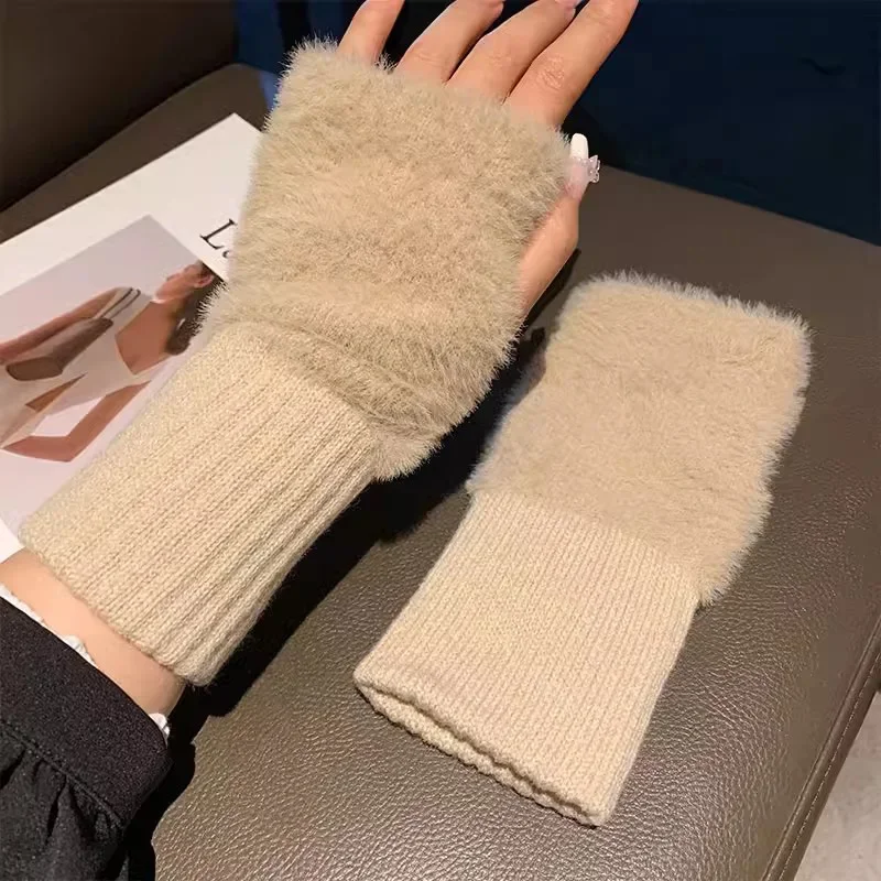 Damen-Halbfingerhandschuhe aus weichem Nerz-Fleece, Plüsch, gestrickt, fingerlose Handgelenk-Fäustlinge zum Fahren und Schreiben, Herbst und Winter