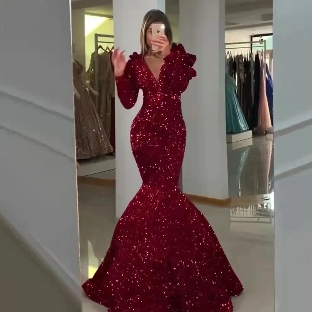 Sexy Burgundy Sequins Mermaid Cocktail Dresses V Neck Full Slessves Prom Evening Gown Backless vestidos de fiesta فساتين السهرة