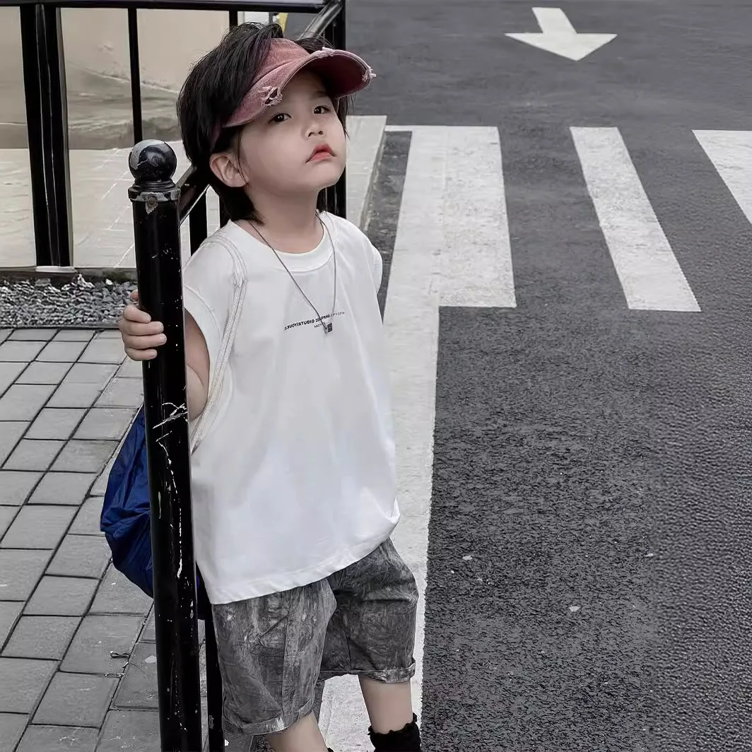 Top sin mangas de verano para niños, Camiseta holgada coreana, camiseta grande con letras de banda de Color puro, Top sin mangas