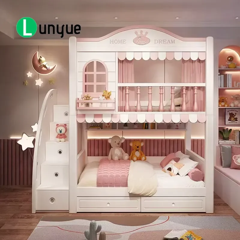 Modern Girl Style Bunk Castle Bed with Storage Slides Solid Wood Comfortable for Home Hotel Use