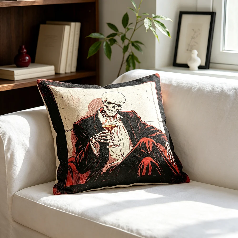 1PC Throw Pillow Cover,Skeleton Drinking Wine Print,Vintage Gothic Style,For Sofa Bedroom Couch Home Decor