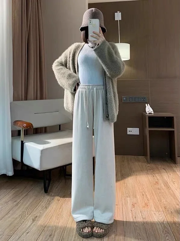 ワイドレッグパンツ イレギュラー レディース 秋 ダブルデッキ レギュラーフィット グランジ コーデュロイ裏地 チェック柄 ニット バンド付き チェック柄 レディース ジャカード