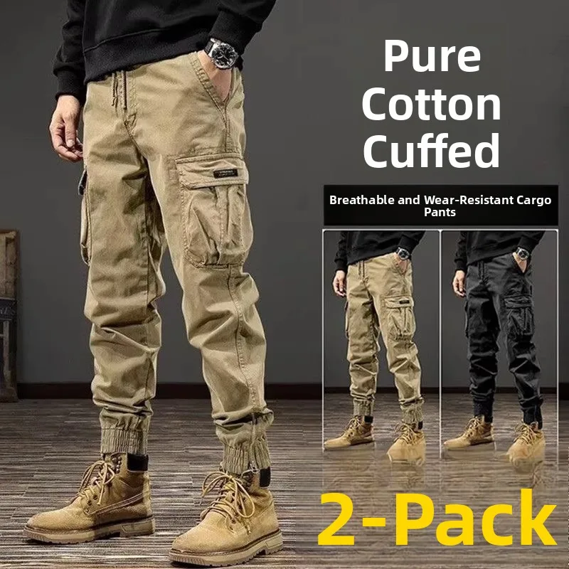 Japanese Sle Heavyweight Waed Pure Cotton Multi-ket Work Pants Men's Spring Autumn Loose Trendy Brand Cuffed Nine-Piec...
