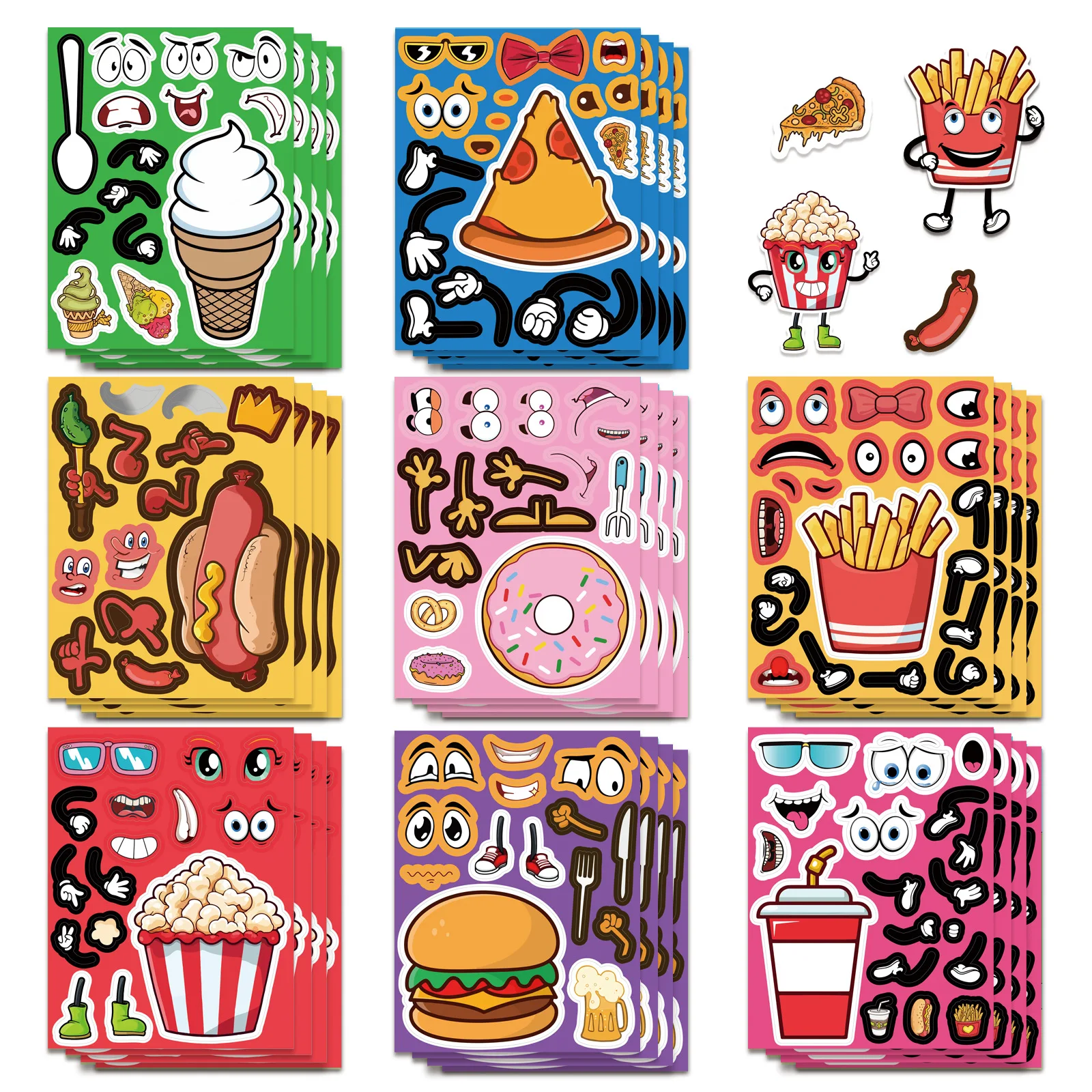 8 feuilles enfants bricolage Puzzle autocollant dessin animé Burger frites nourriture faire un visage changement autocollants enfants jouets éducatifs