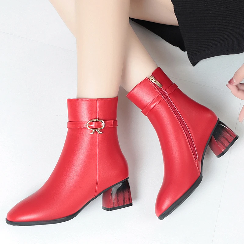 AIYUQI Women Dress Boots Winter Wool 2024 New Round Toe Genuine Leather Ankle Boots Red Women Banquet Fashion Short Boots Women