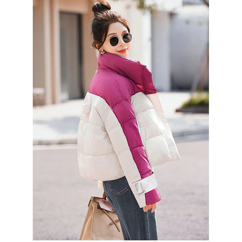 2024 New Splicing Eider Down Cotton-Padded Jacket Girl Learned Korean Version Thick Winter Loose Short Cotton-Padded Warm Coat