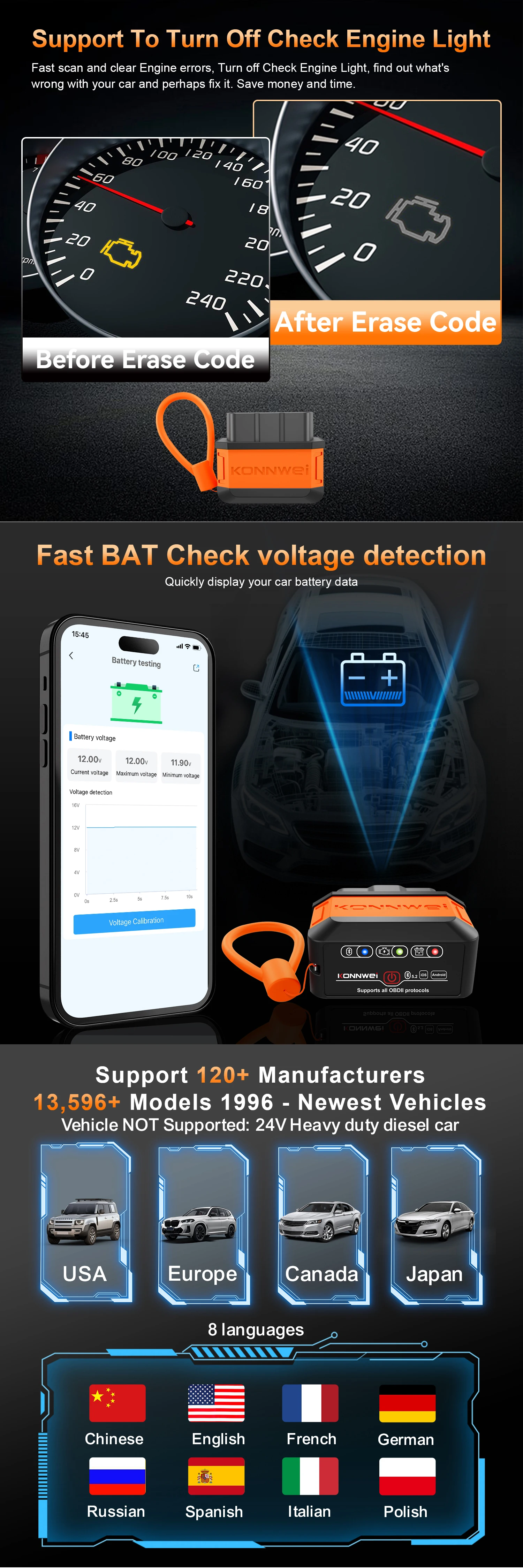 2026 KONNWEI KW906 ELM 327 Bluetooth 5.0 OBD2 Auto-Motorsystem-Diagnosegerät Scanner für Android/iOS Codeleser Pic18F25K80 – Detail 3