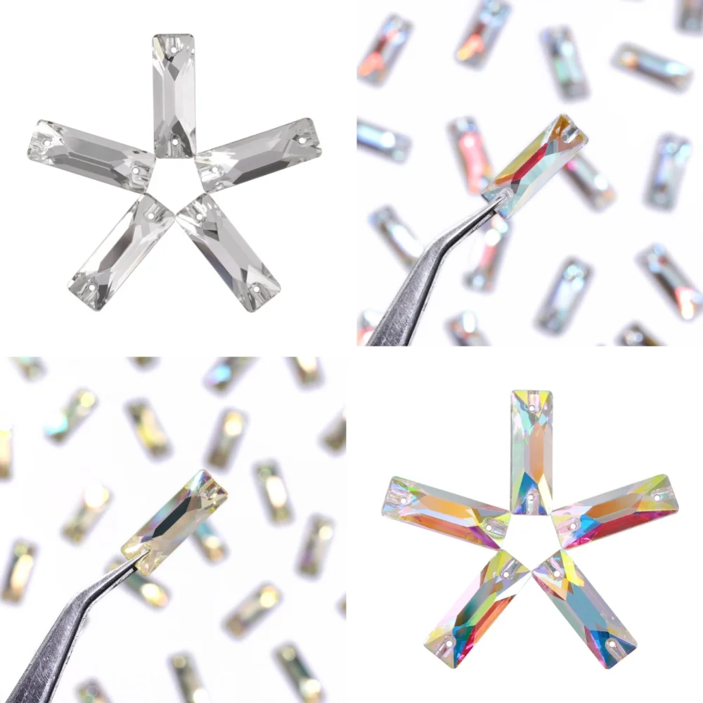 

QIIY Baguette High Quality K9 Glass Sew On Crystal AB Rhinestone Sewing Flatback Stone For Clothes Accessories Wedding Dress