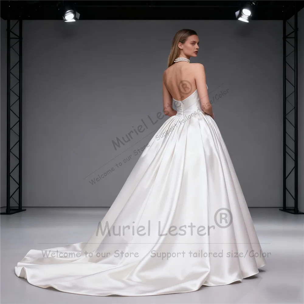 تخصيص فستان الزفاف الساتان الحبيب الرقبة بلا أكمام مطوي تنورة ألف خط زي العرائس ملابس رسمية للحفلات رداء دي ماري