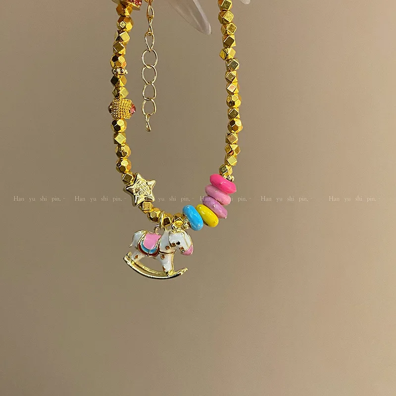 Colorful Cartoon Enamel Pendant Necklace with Carousel and Donut