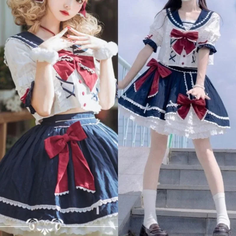 2025 NEW Summer OP Princess Dress Bow Sakura Hime Dresses Lolita Short Sleeved JK Lo Skirt Pleated Ruffle Edge Sailor Suit