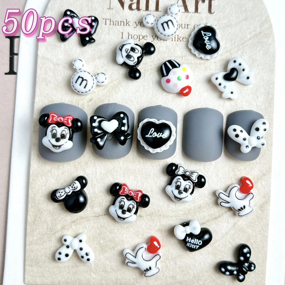 50個入り 3D ブラック ホワイト ミッキーマウス レジン ネイルアート チャーム Y2K ラブハート リボン ラインストーン ジュエリー 漫画キャラクター ネイルデコレーション