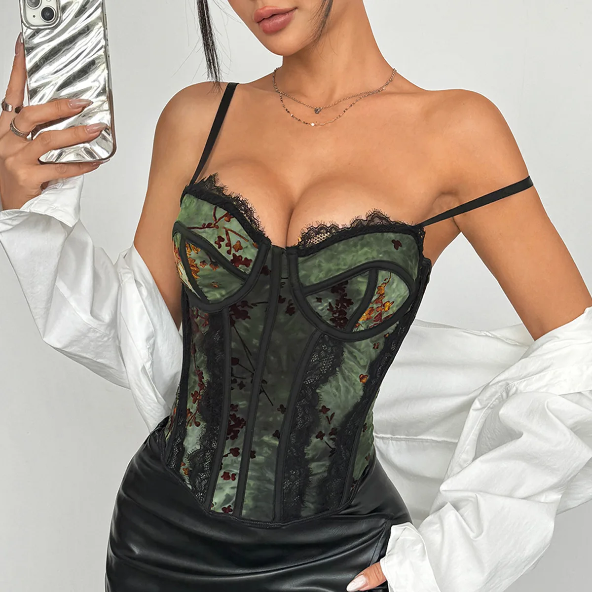 

Dark Green Printed Halter Tops Slim Sexy Lingerie Vest Women Sleeveless Camisole New Fashion Clothes Corset Tank Top 2025 Summer