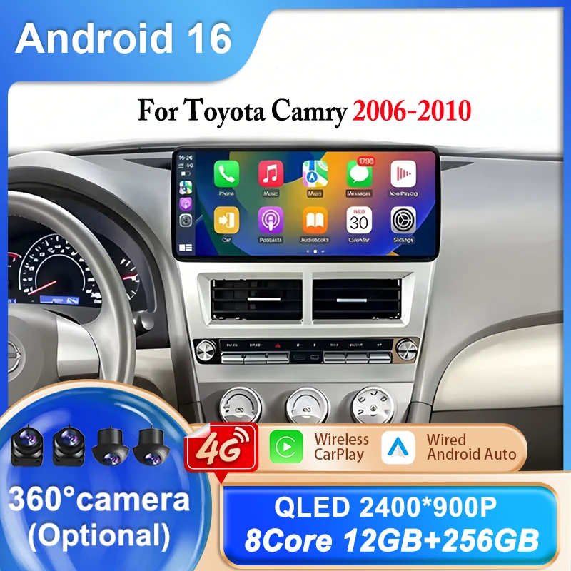 Car Radio Android 16 For Toyota Camry 2006-2011 GPS Stereo Navigation Bluetooth WIFI 4G Wireless Carplay Auto QLED Multimedia