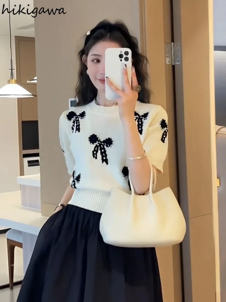 Słodki sweter koreański moda swetry z krótkim rękawem odzież damska O-neck Bow Pull Femme Casual sweter z dzianiny przycięte topy