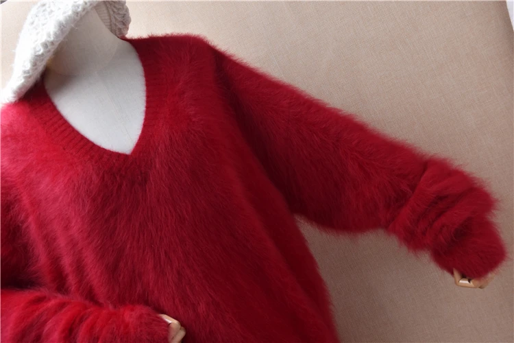 Women Mujer Autumn Winter Clothing Red Hairy Plush Mink Cashmere Knitted Long Sleeves V-Neck Loose Angora Fur Sweater Jumper Top