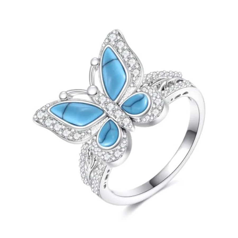 

925 Sterling Silver Butterfly Rings for Women Turquoise Butterfly Leaf Ring Statement Wedding Band Jewelry Gift for Bride Wife