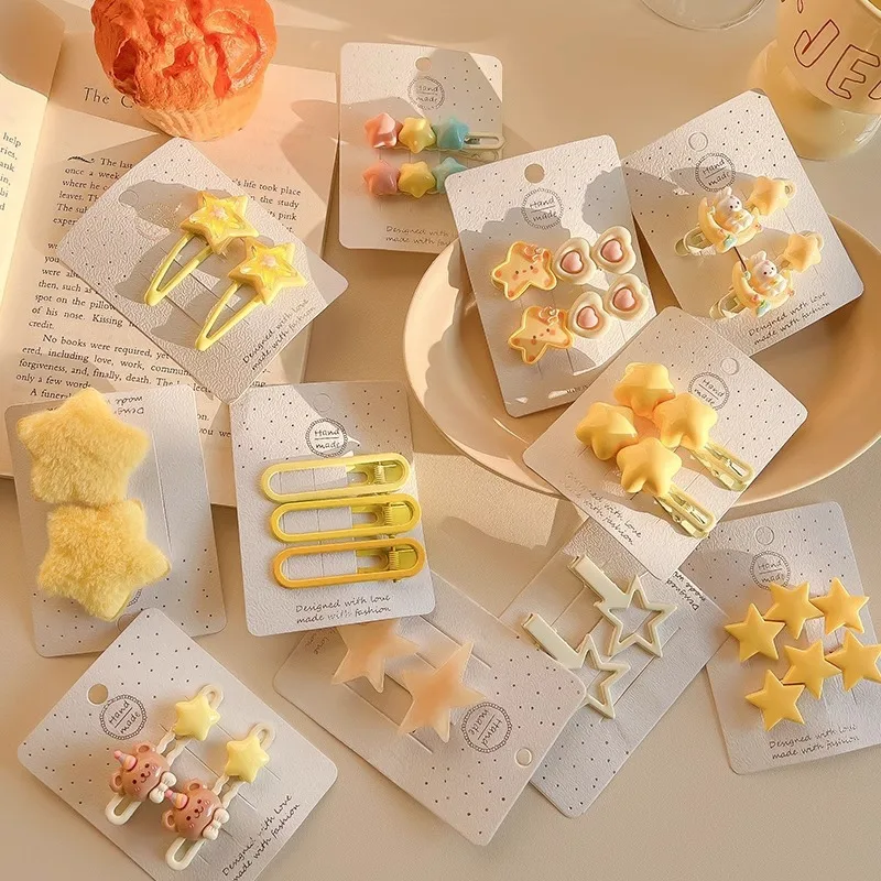 2/4/14/16/17pcs Yellow Sweet Star Hair Clips Girl Gift, Cute Heart Shaped Bear Hair Pins, Cute Girly Hair Accessories
