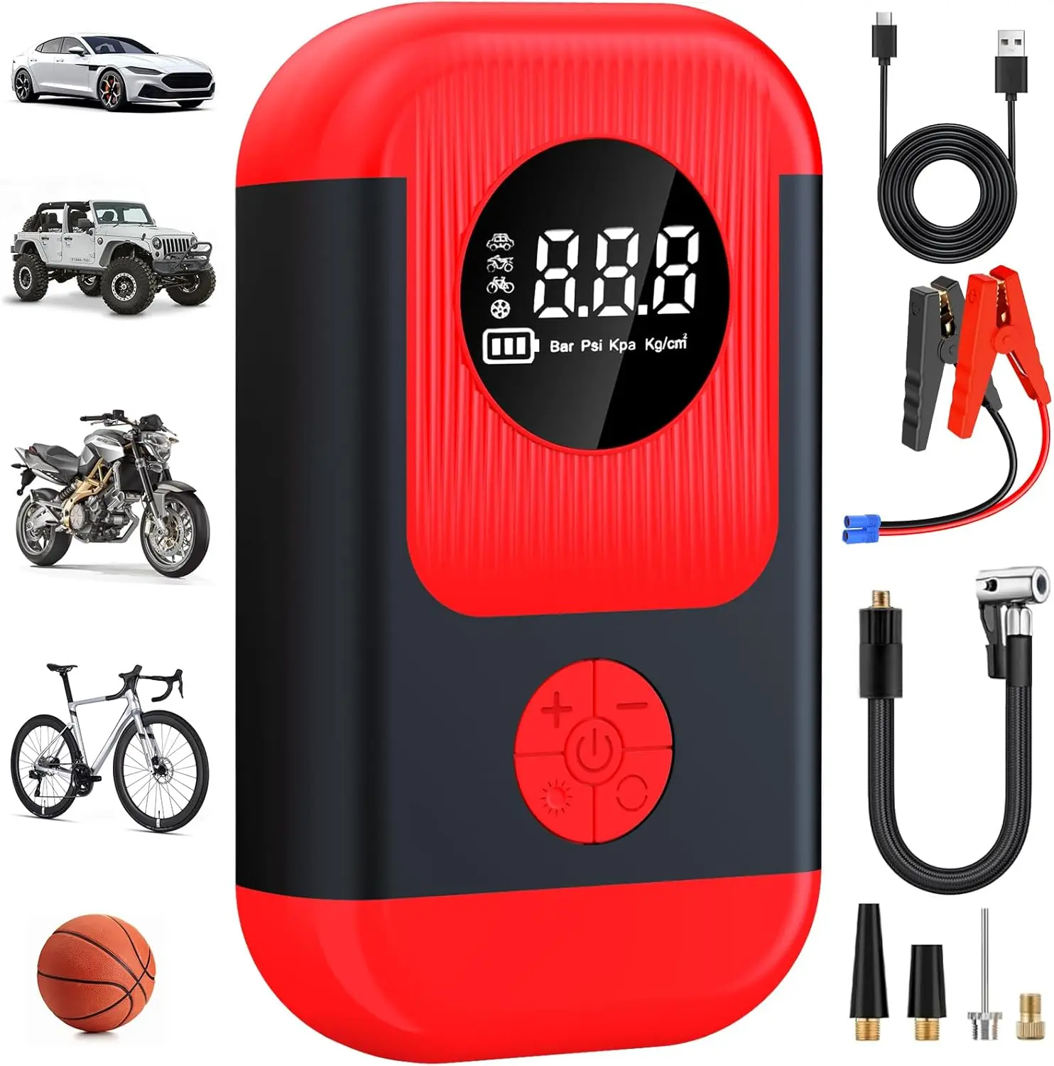 

Portable Air Compressor & Jump Starter, Cordless Pump with LED Light for Auto, Motorcycles, Bikes