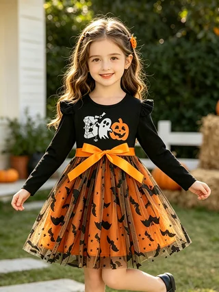 Girls' Halloween Long-Sleeve Dress, Ghost & Pumpkin Print with Bowknot, Bat Tulle Tutu Skirt, Kids Party Costume