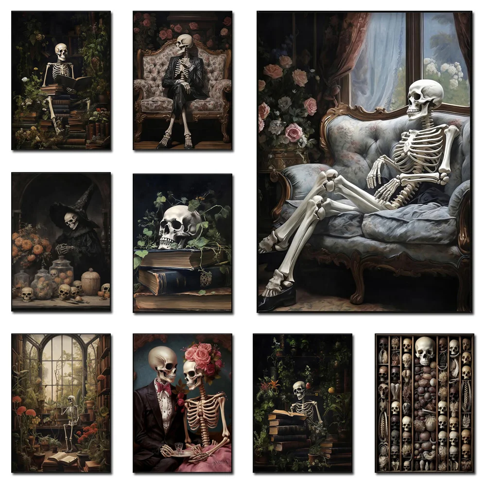 

Vintage Gothic Wall Decor Skeleton Spooky Posters And Prints Dark Academia Floral Skull Canvas Art Painting For Living Room