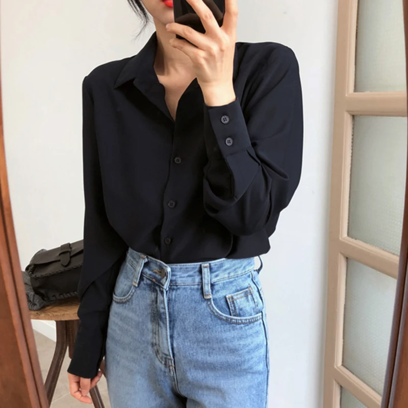 Women Chiffon Shirt Korean Black Turn Down Collar Female Long Sleeve Blouse Spring Fashion All Match Button Office Ladies Tops