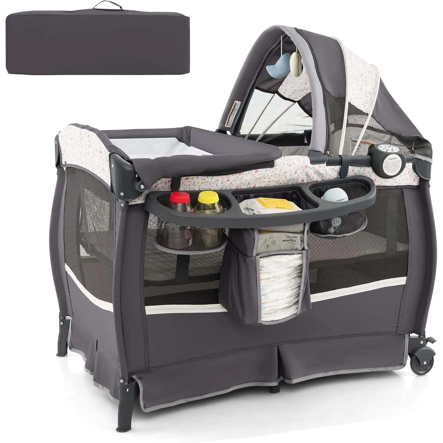 GOFLAME 5-in-1-Reisebett mit Matratze, mit verstellbarem Baldachin, mit Wickelunterlage, Spieluhr und Tragetasche, bis zu 15 kg Tragfähigkeit 4