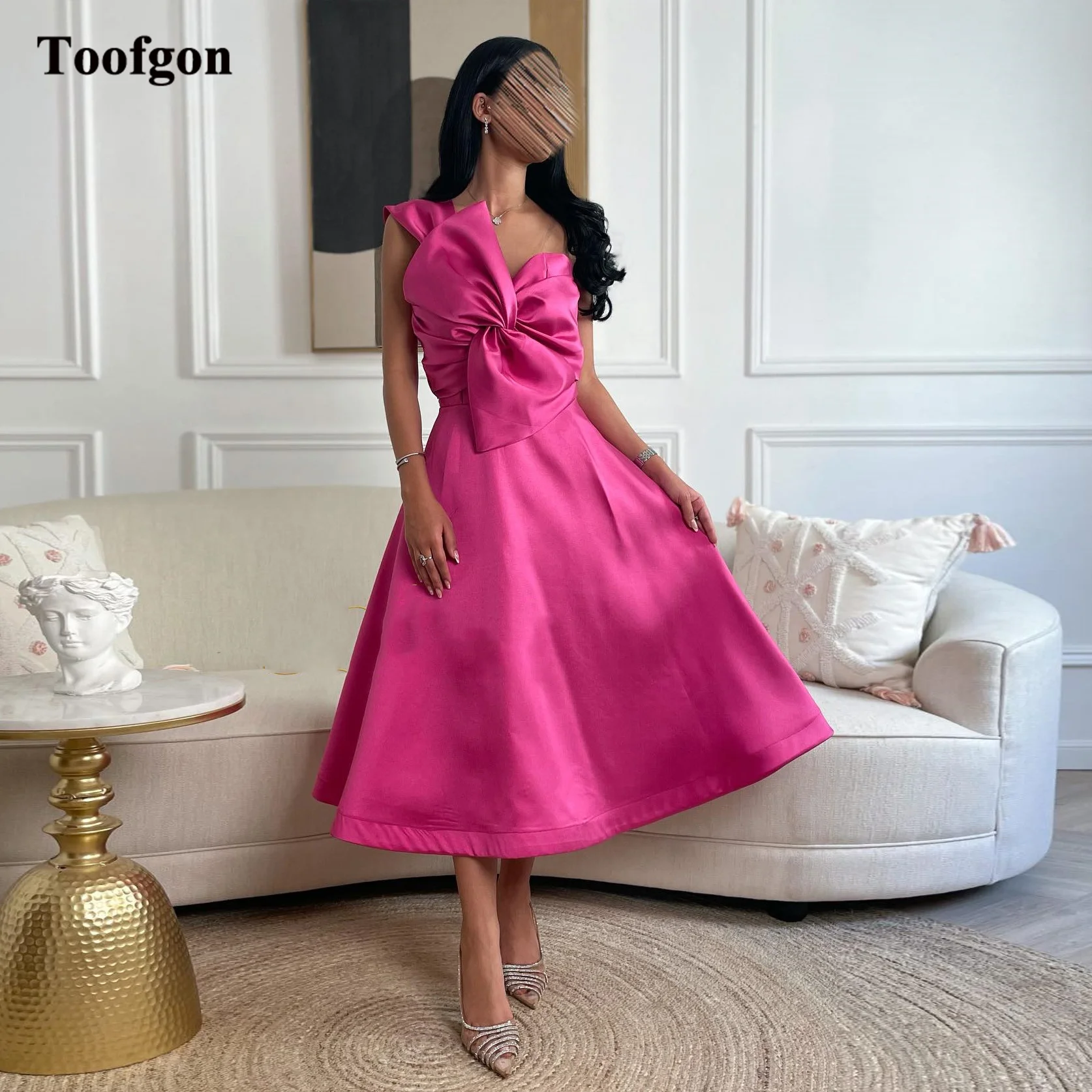 

Toofgon One Shoulder Arabic Women Short Prom Dresses A Line Satin Bow Formal Evening Gowns Tea-Length Midi Bridesmaid Dress