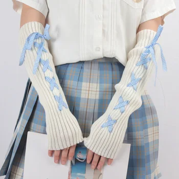 2024 mujeres Otoño Invierno tejido mangas de brazo japonés blanco gótico Kawaii Lolita guantes sin dedos calentadores de piernas medias Harajuku