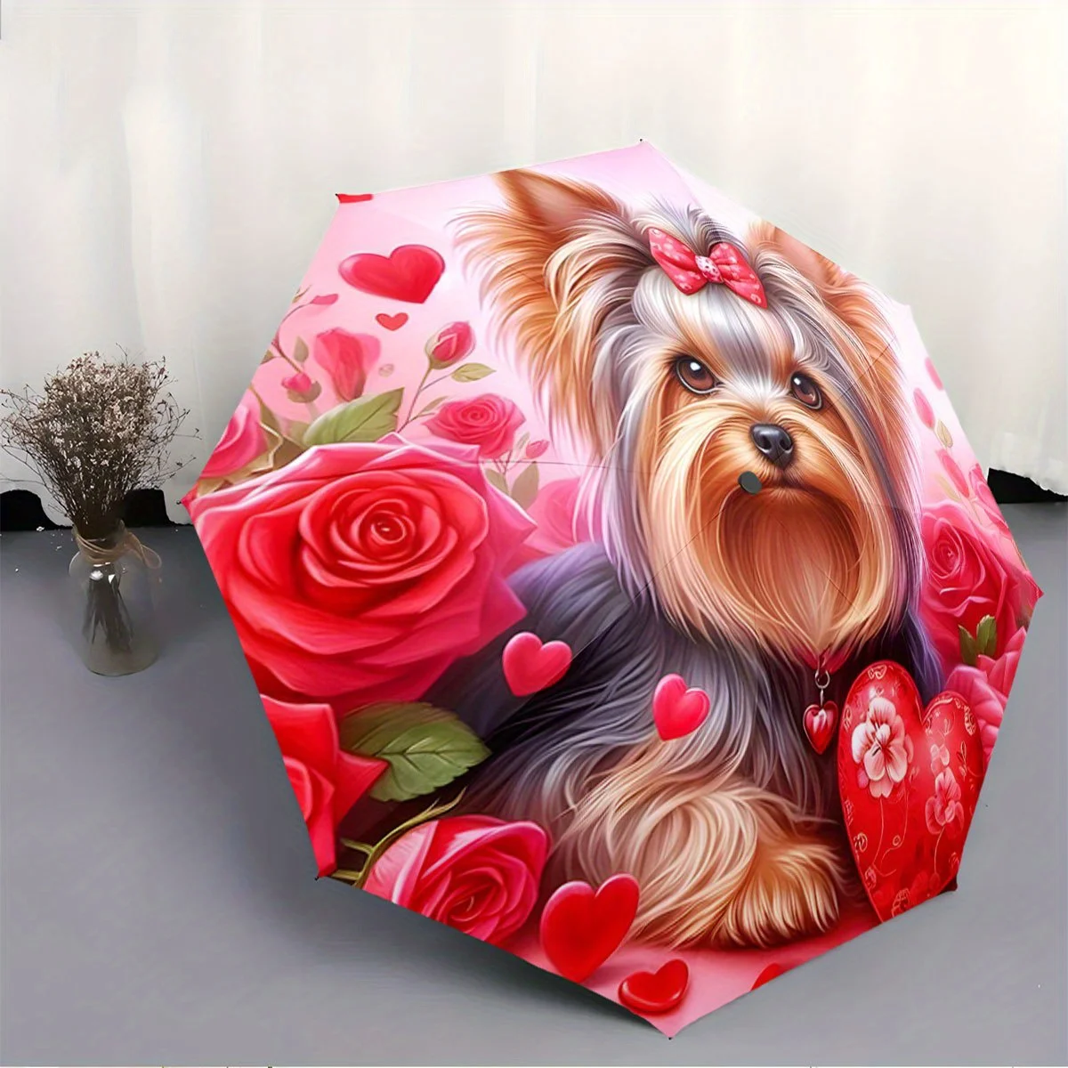 

Автоматический складной зонт Йоркширский терьер, окруженный красными розами и сердечками. Портативный складной дизайн, повседневный выход