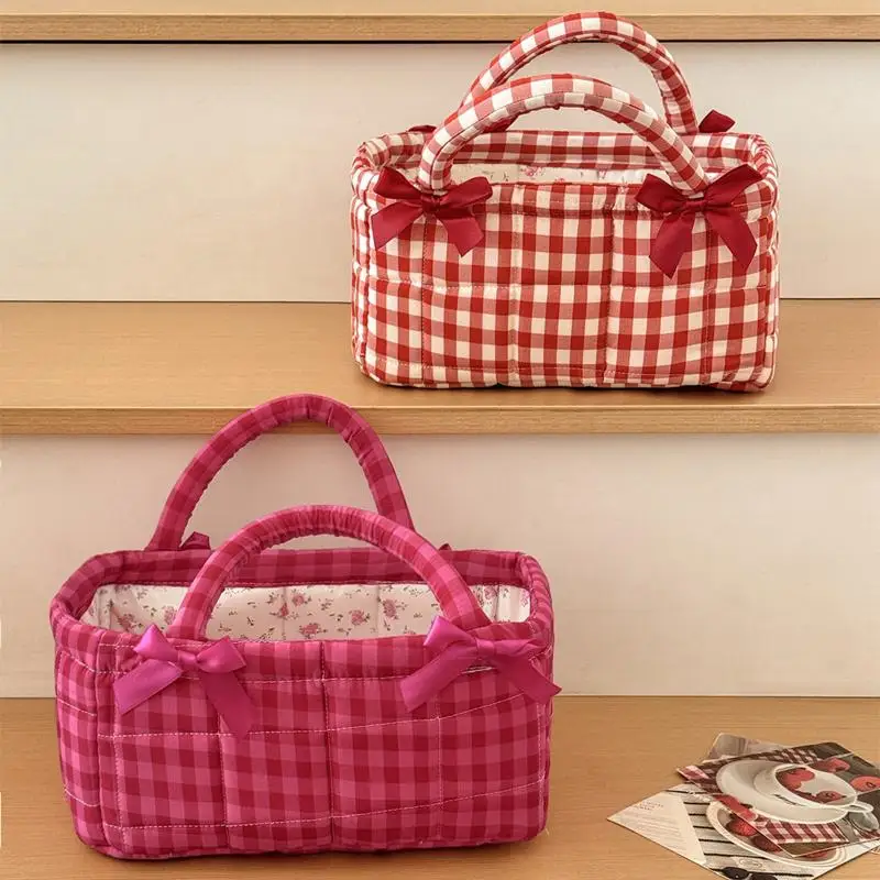 Red Plaid Double Bow Quilted Storage Basket Desktop Cosmetic Daily Organizer For Snack Clothes Toys Storage Basket