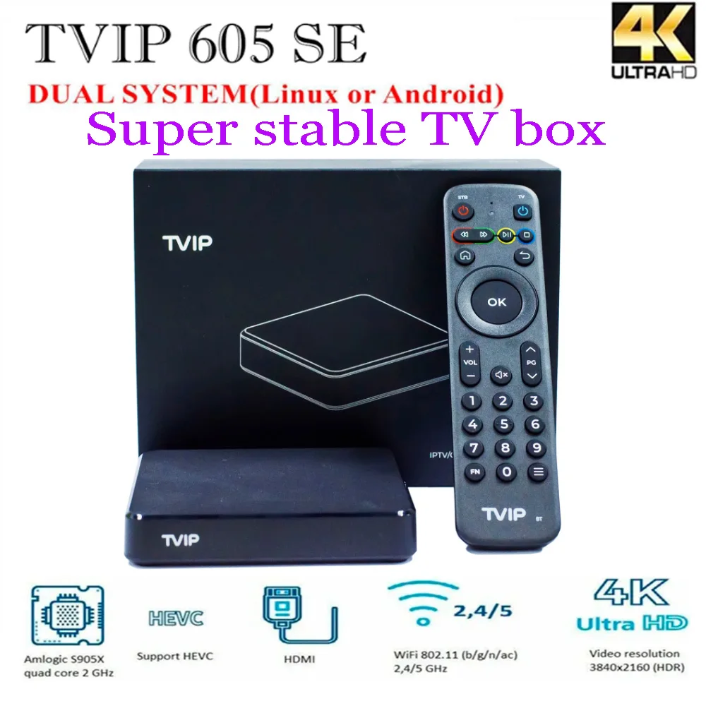 [Genuine]Hot selling TVIP 605 SE Super stable Linux+Android11 two OS TV Box BT Remote 4K UHD 2.4/5G WIFI Smart nordic one Player