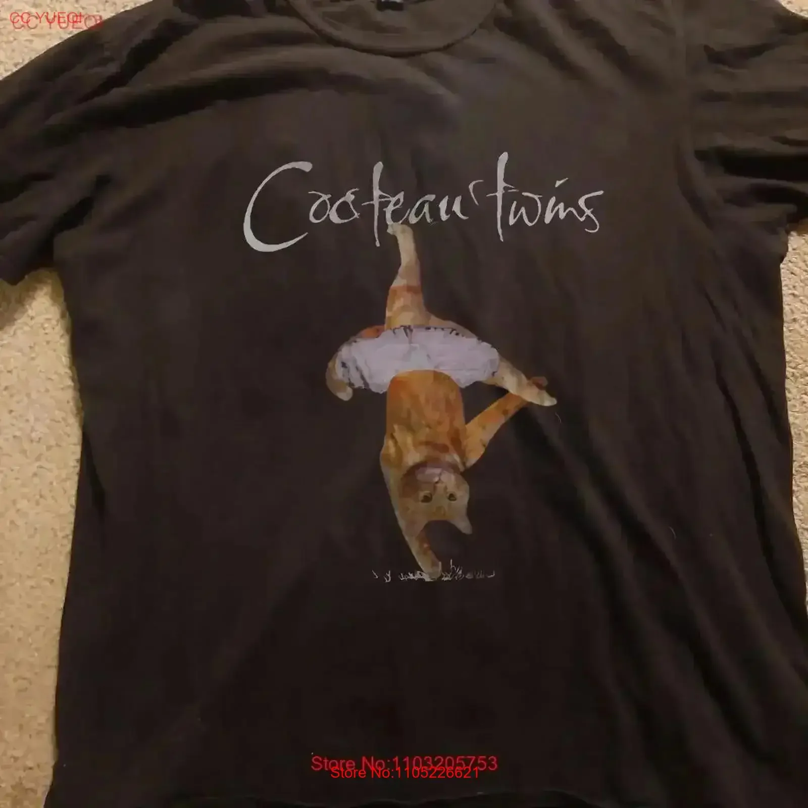 Vintage Cocteau Twins cat short sleeve classic dark chocolate shirt KV29110 Washed Stylish Breathable Versatile Casual vintage